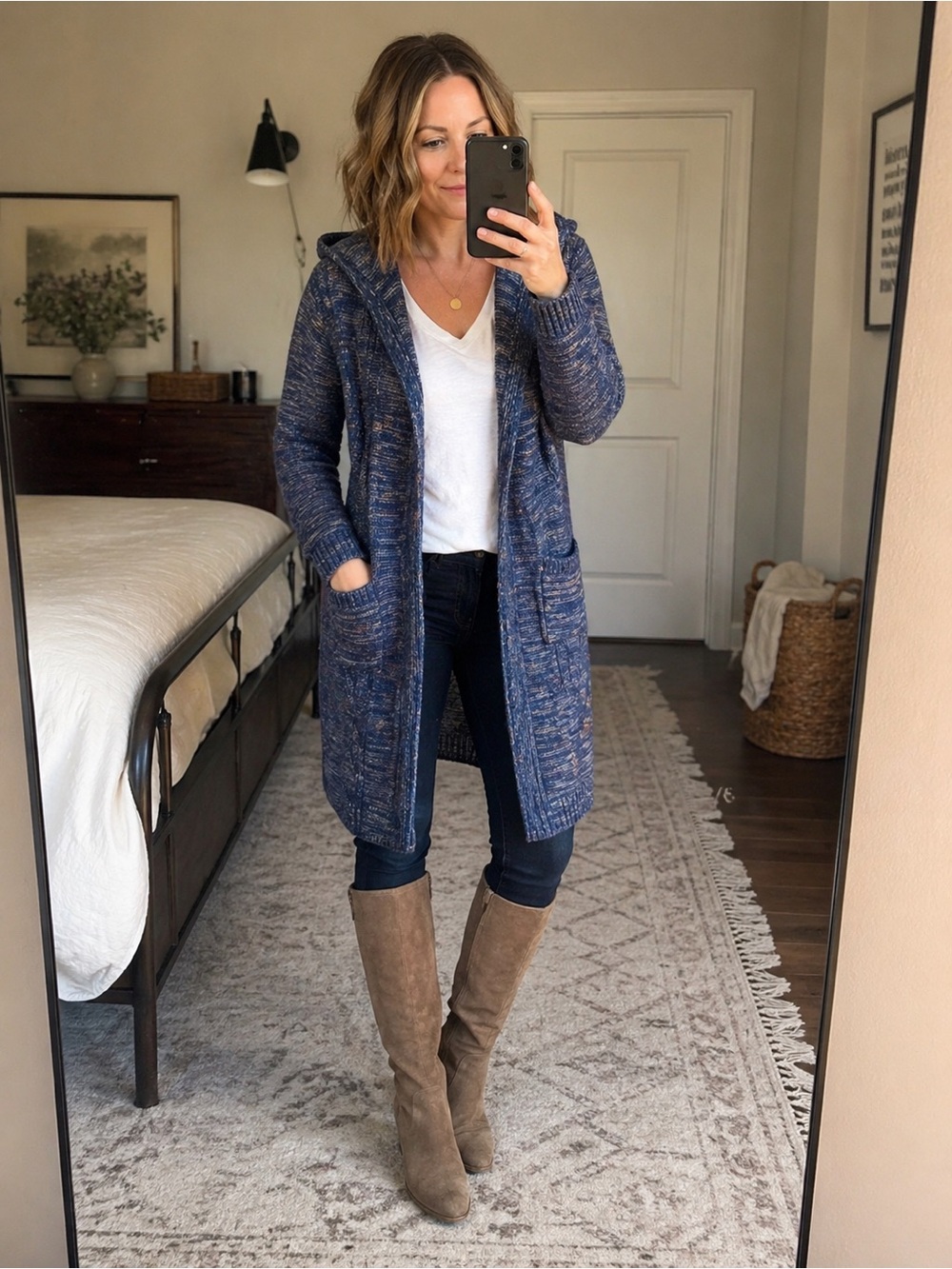 Mystree Hooded Long Cardigan Sweater Duster Blue Marled Knit Pockets L